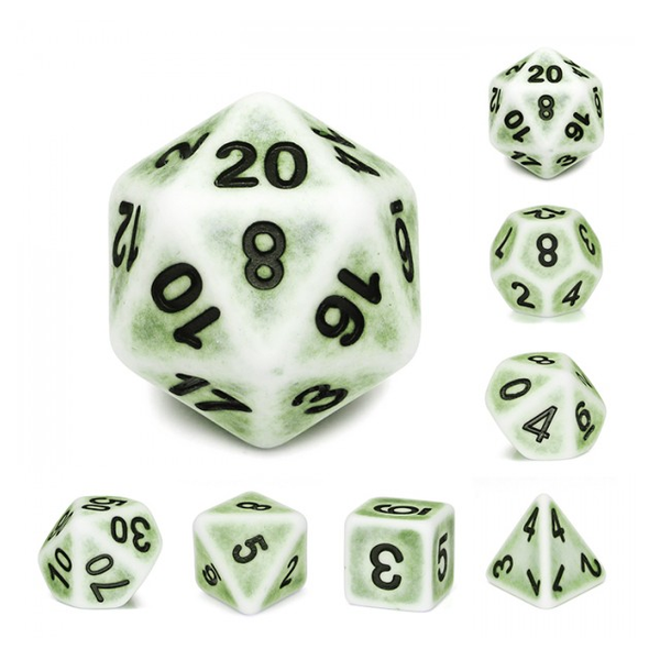 weathered ancient RPG dice with a yellow brown green colouring and black numbers. RPG D20 dice set