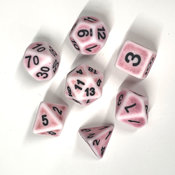pink coloured dice with black numbers. Ancient pink RPG D20 dice set