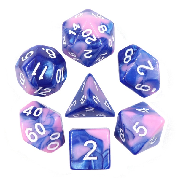 Elemental two-tone dice in soft baby pink and blue with easy to read white numbers. Elemental pink blue RPG Dice set 
