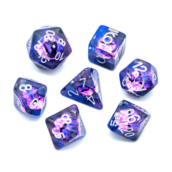 These poly dice have a blue colouring, silver numbers and a purple blue demon eye inside each one.