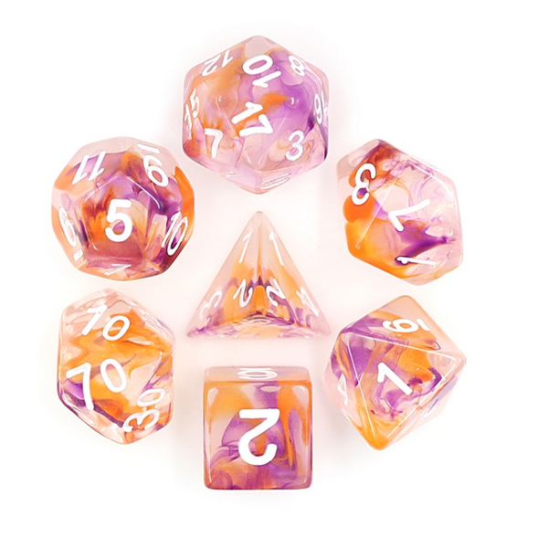 Storm gem dice set with clouds of purple and orange colour and easy to read white numbers