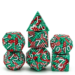 Dragon Scale White Red Green Metal Dice. These nice and weighty metal dice have a raised dragon scale pattern all over them in a green and red colour with flecks of white and white numbers. 