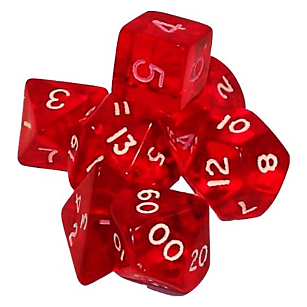 A set of Green Red dice for use with D&D or the d20 open game system. These cherry red dice have white numbers and a semi translucent look. 