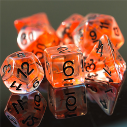 A set of poly dice for use in role playing games such as Dungeons and Dragons, Pathfinder and more, these Rogue character class dice have a red swirling colour, black numbers and an entombed blade.