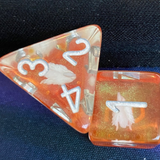 Entombed Swan Golden Lake poly dice set. These unusual dice have silver numbers and contain a delicate white swan upon a sea of orange and gold shimmer.