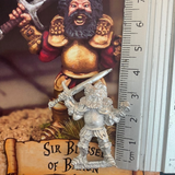 Sir Blessed of Briian - Nightfolk. wonderfully characterful metal miniature of a male fighter holding his sword high and his mouth open. shown here with a ruler