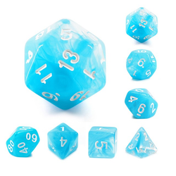 A bright sky blue set of storm gem dice with clouds of swirling blue colour and easy to read white numbers.  RPG D20 Dice Set 