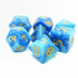Elemental two-tone dice in an elegant blues with gold numbers. Elemental Sky Blue RPG Dice set 