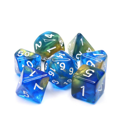 Elemental Starry Night RPG D20 dice set. Elemental two-tone dice with swirls of semi translucent blue, green and gold with white numbers