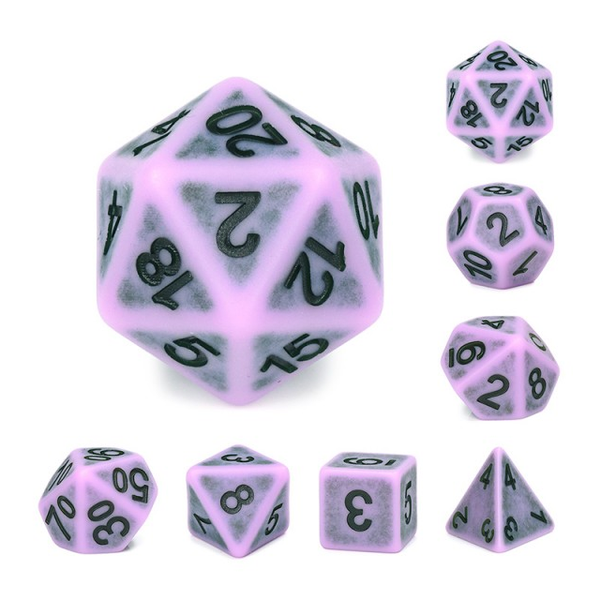 weathered ancient Swamp Fog Pink RPG dice with a purple pink colouring and black numbers. RPG D20 dice set 