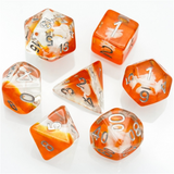 Entombed Swan Golden Lake poly dice set. These unusual dice have silver numbers and contain a delicate white swan upon a sea of orange and gold shimmer.