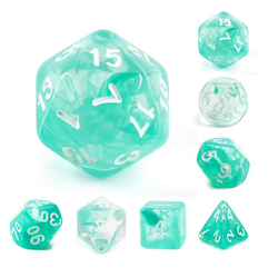 Storm Teal Lake RPG D20 dice set. Storm gem dice with beautiful clouds of teal colour and easy to read white numbers