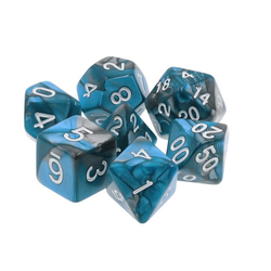 Elemental Teal & Steel RPG D20 Dice Set. Elemental two-tone dice in beautiful teal and steel with easy to read white numbers 