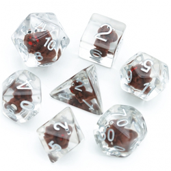 Entombed Teddy Dog Poly Dice Set. These unusual dice have silver numbers and contain a sweet brown dog sporting a bowtie and wide eyes 
