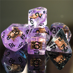 A set of poly dice for use in role playing games such as Dungeons and Dragons, Pathfinder and more, these Warlock character class dice have a purple swirling colour, black numbers and an entombed spell book
