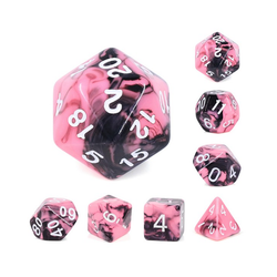 Elemental Watermelon Cream RGP D20 dice set. lemental two-tone dice in bright pink and black beautiful with white numbers