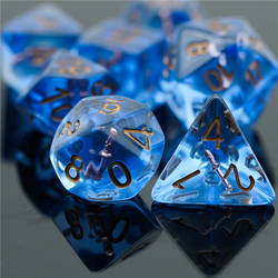 RPG character Class dice. blue character class dice have gold numbers and contain a silver wand