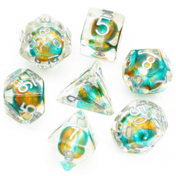 RPG Dice set, These transparent dice have silver numbers and contain a round bead in shimmering sea blue and yellow colour