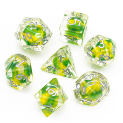 RPG Dice set, These transparent dice have silver numbers and contain a round bead in shimmering yellow and green colour